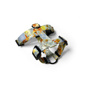 niebieskie szelki dla pieska w kwiatuszki