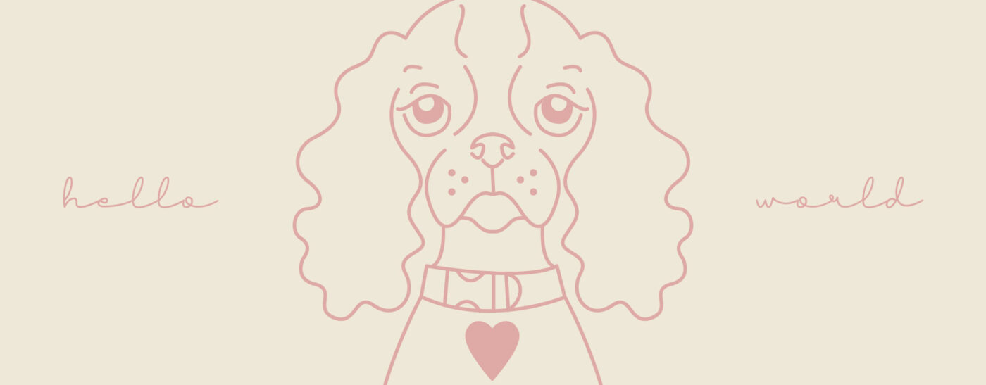 baner z ilustracją szczeniaka i napisem hello world