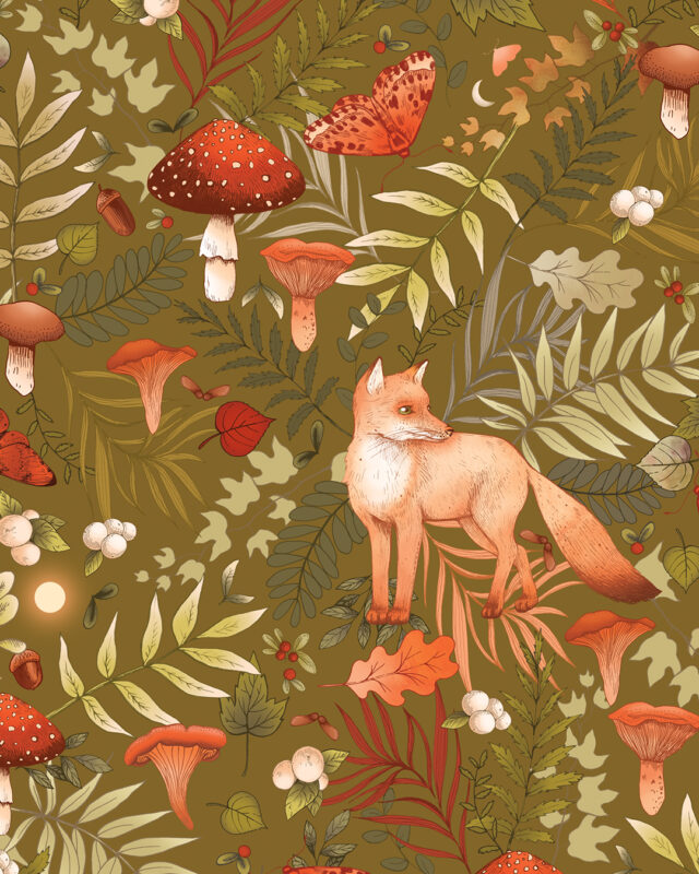 autumn wzór na tkaniny z lisem i muchomorami w zieleni