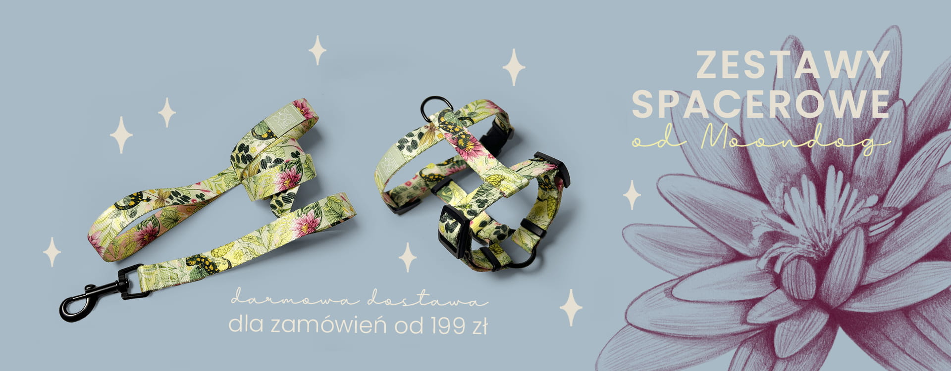 baner z zestawem spacerowym moondog i rysunkiem kwiatka